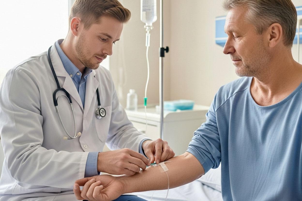 Помощь при передозировке Врач ставит капельницу пациенту